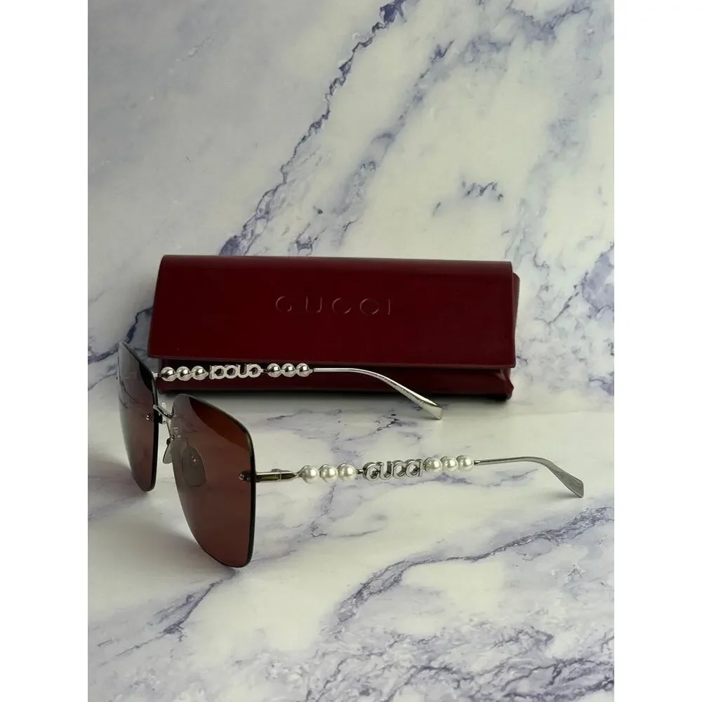 NEW Gucci GG1923SA Silver Red Square Pearl Sunglasses
